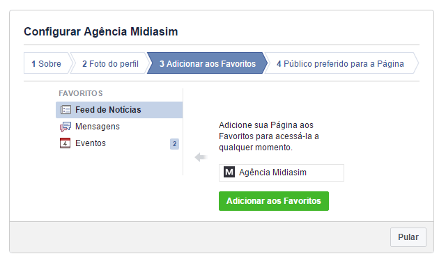 Adicionar pagina aos favoritos Facebook