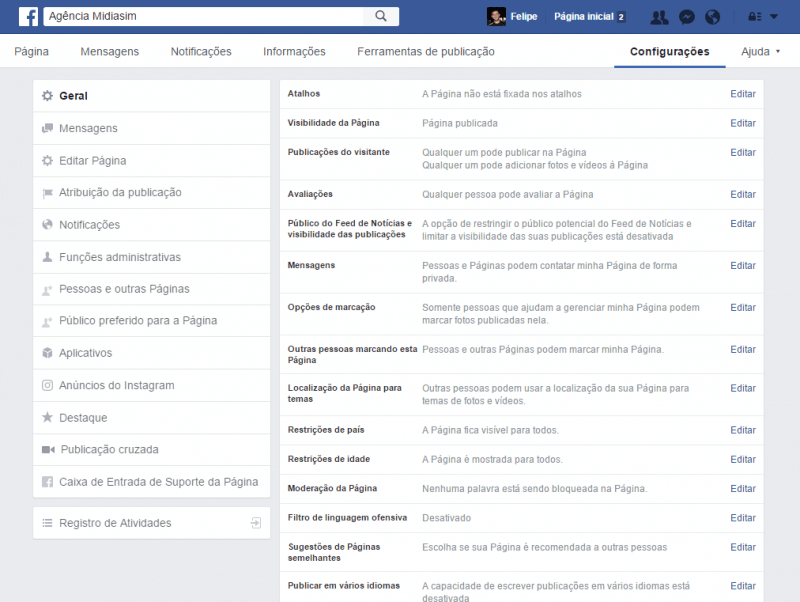 Configuracoes avancadas Facebook